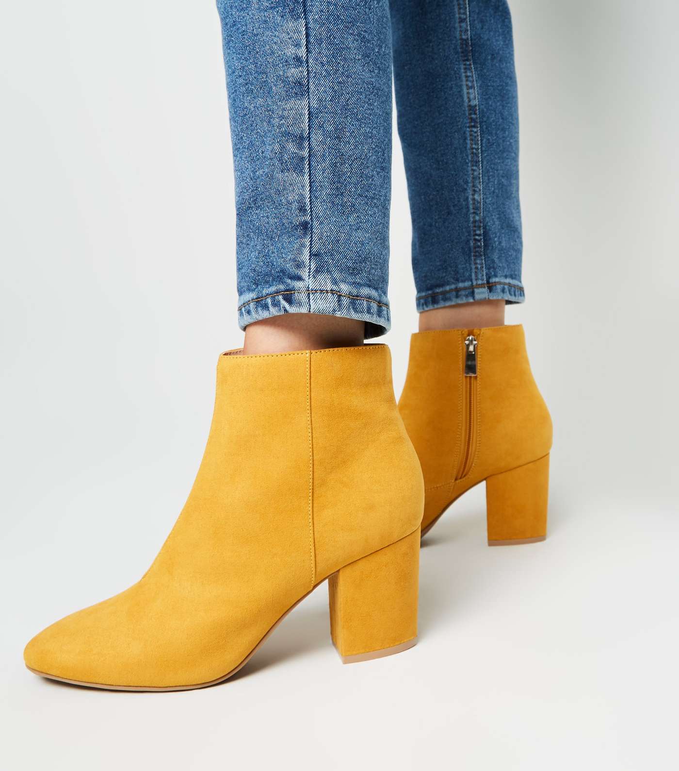 Mustard Suedette Mid Block Heel Ankle Boots Image 2