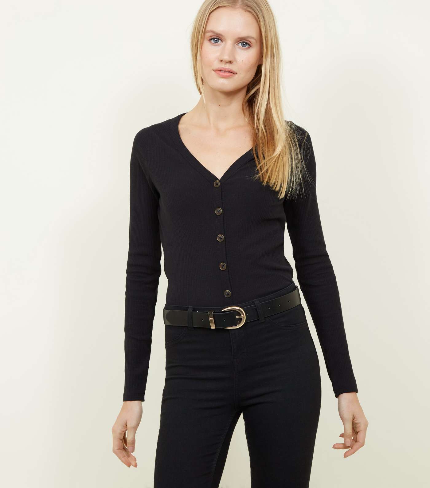 Black Ribbed Button Front Cardigan