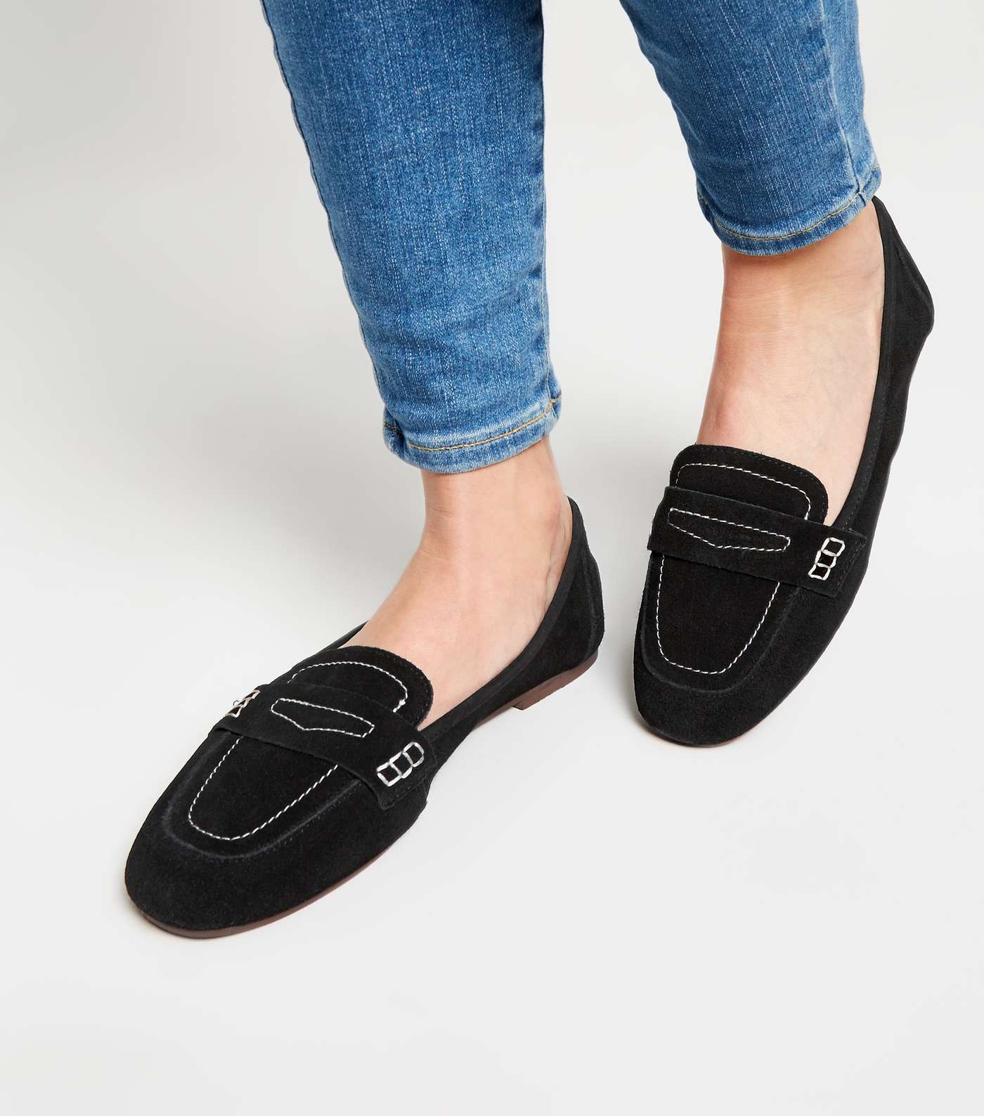 Black Suede Contrast Stitch Loafers Image 2