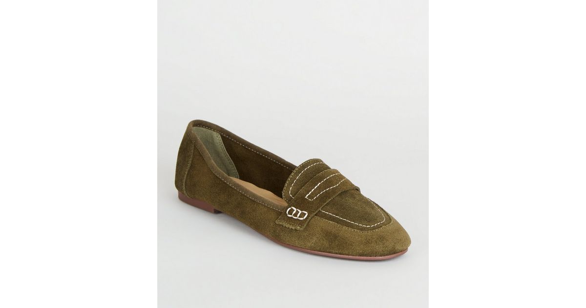 Khaki Suede Contrast Stitch Loafers | New Look
