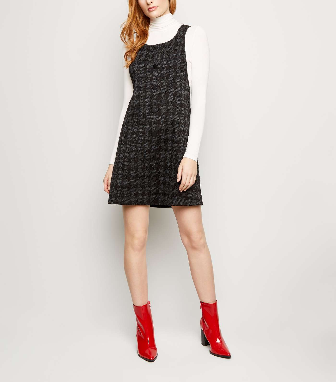 Black Houndstooth Button Front Pinafore Dress Image 2