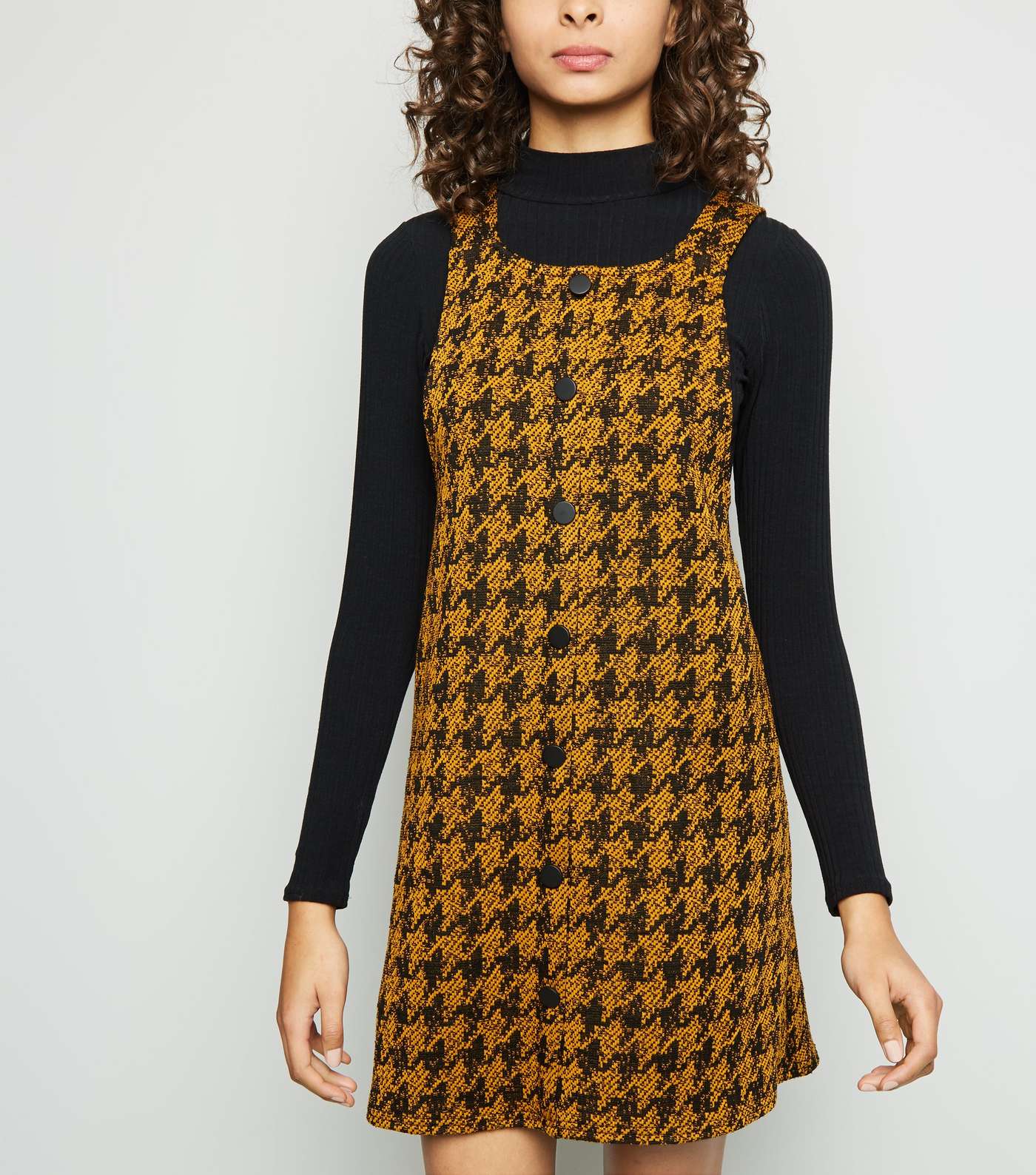 Mustard Houndstooth Button Front Pinafore Dress