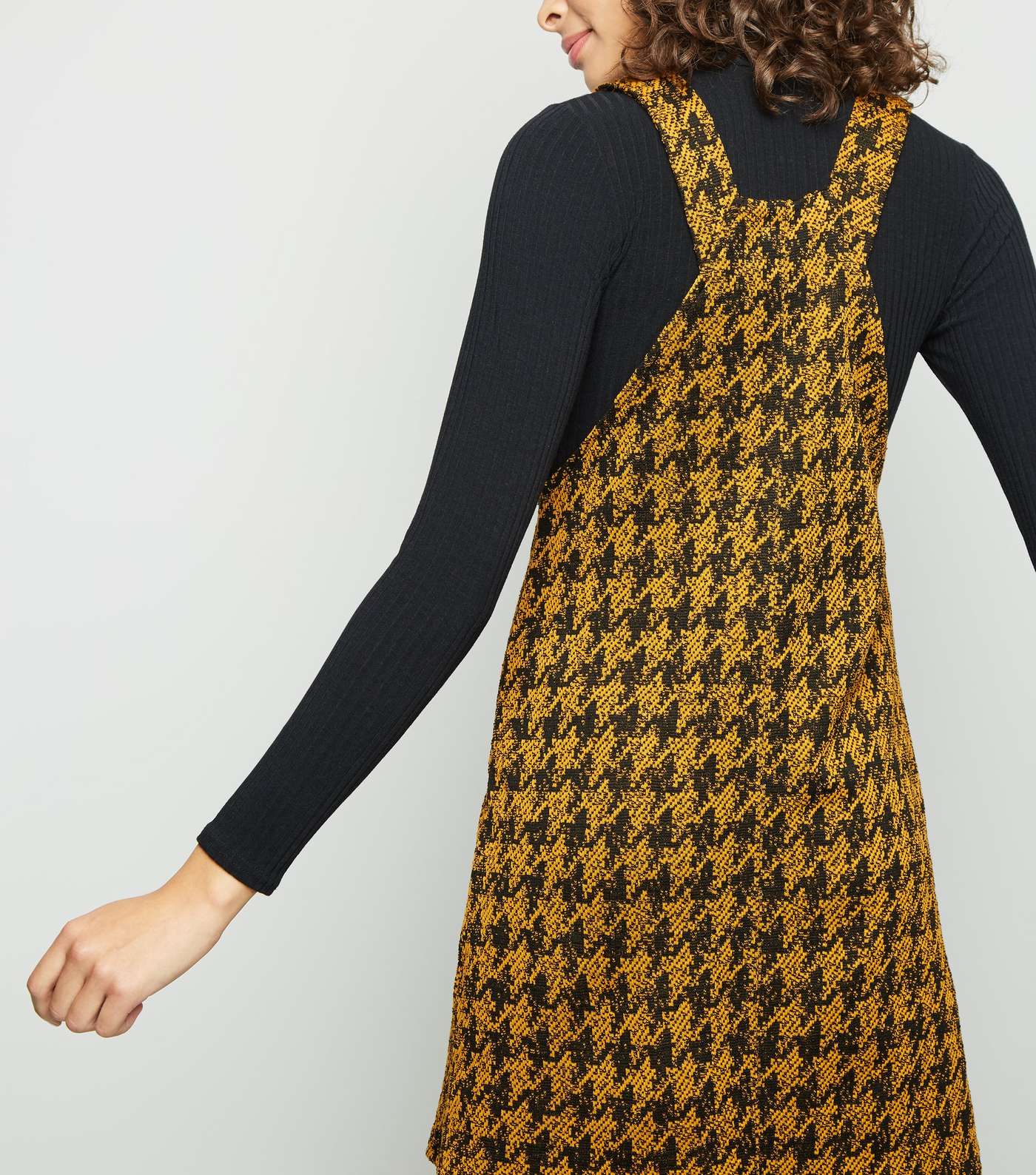 Mustard Houndstooth Button Front Pinafore Dress Image 3