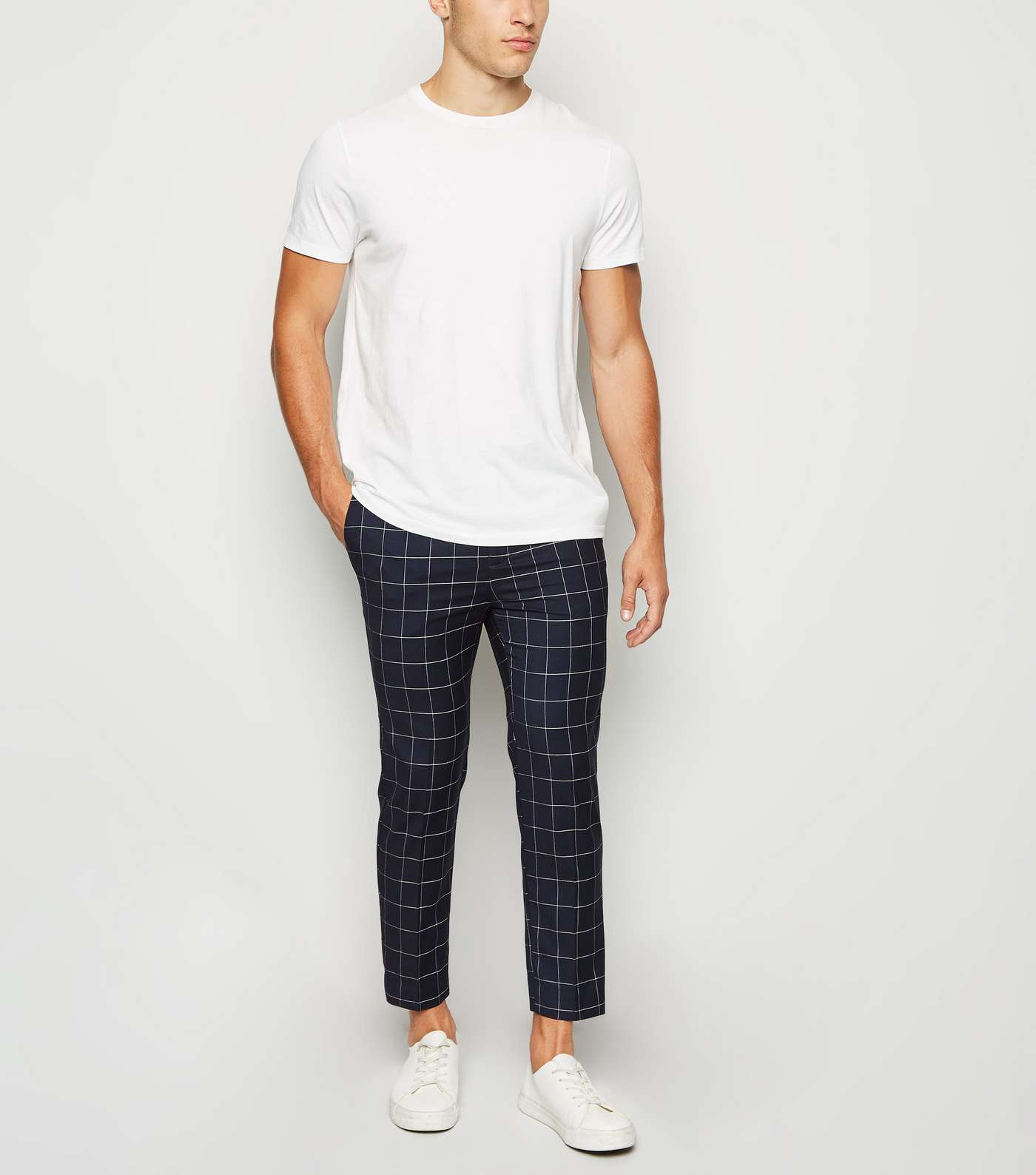 Navy Grid Check Skinny Crop Trousers Image 2
