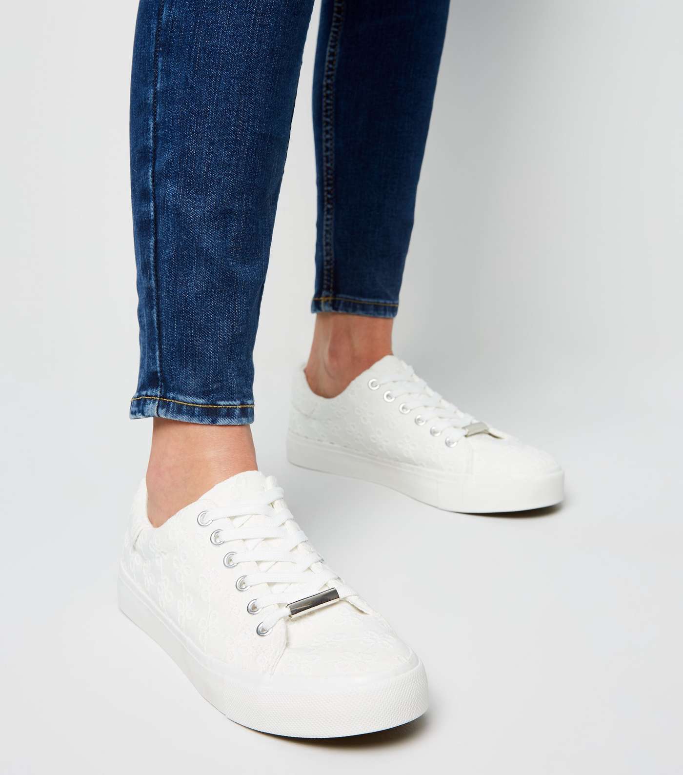 White Floral Embroidered Lace Up Trainers Image 2