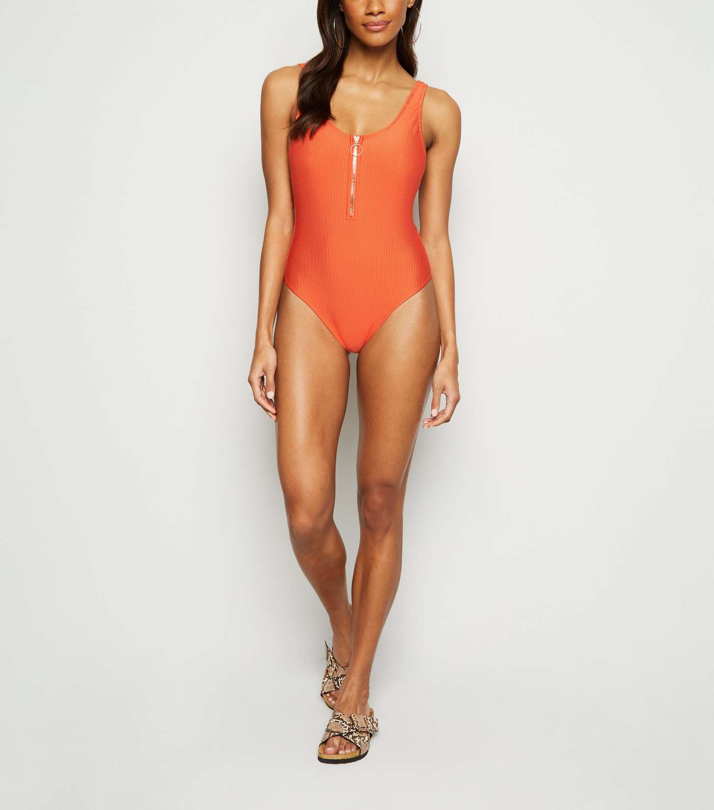 Bright Orange Ribbed Zip Scoop Back Swimsuit Image 3
