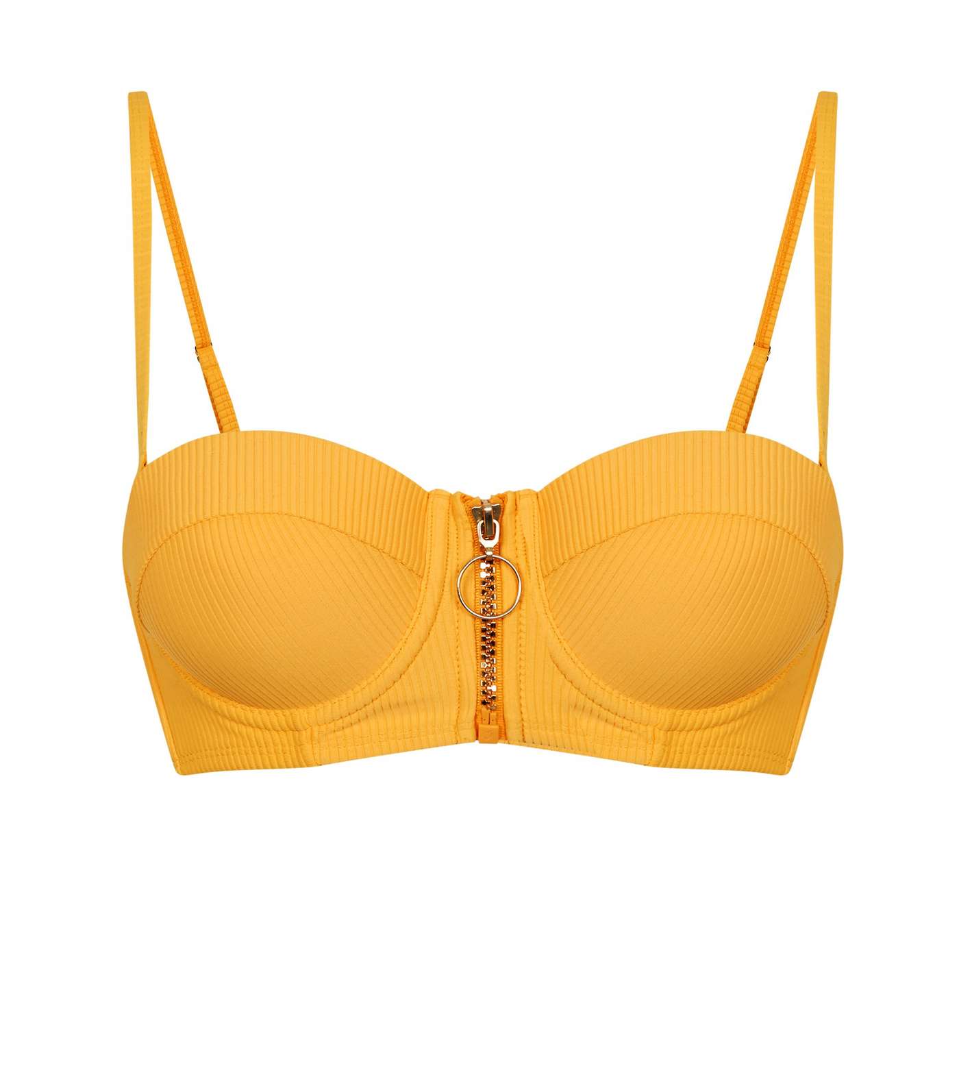 Yellow Ribbed Zip Front Underwired Bikini Top  Image 4