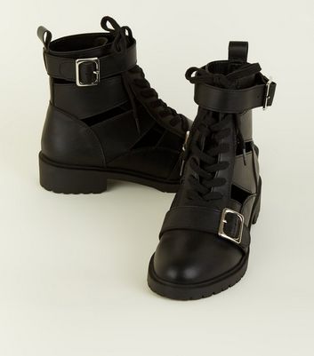 womens black lace up biker boots