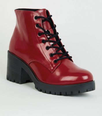 dark red patent faux croc chunky buckle boots