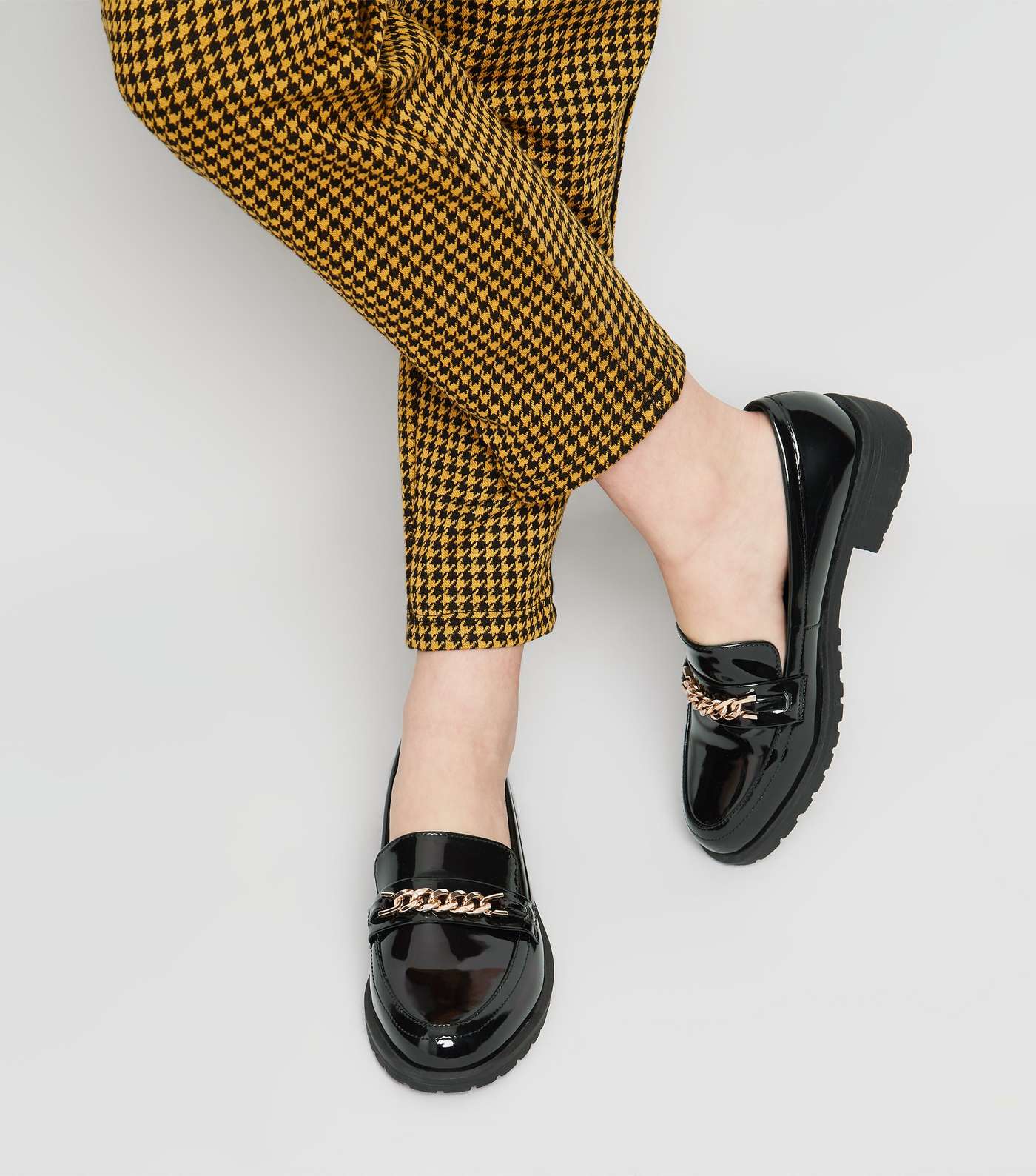 Girls Black Patent Chain Strap Loafers Image 2