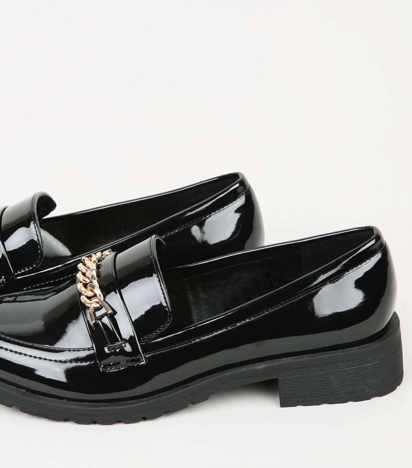 Girls Black Patent Chain Strap Loafers Image 4