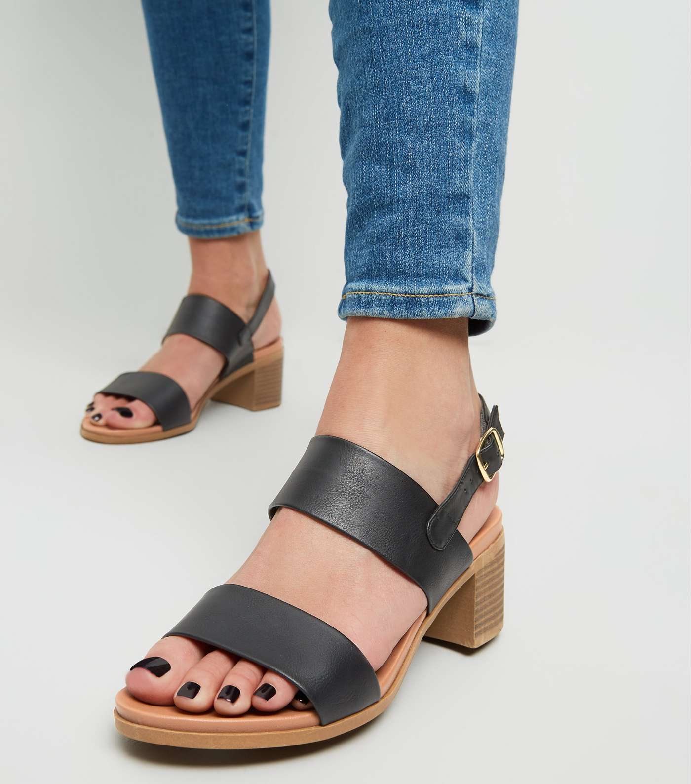 Black Leather-Look Block Heel Footbed Sandals Image 2