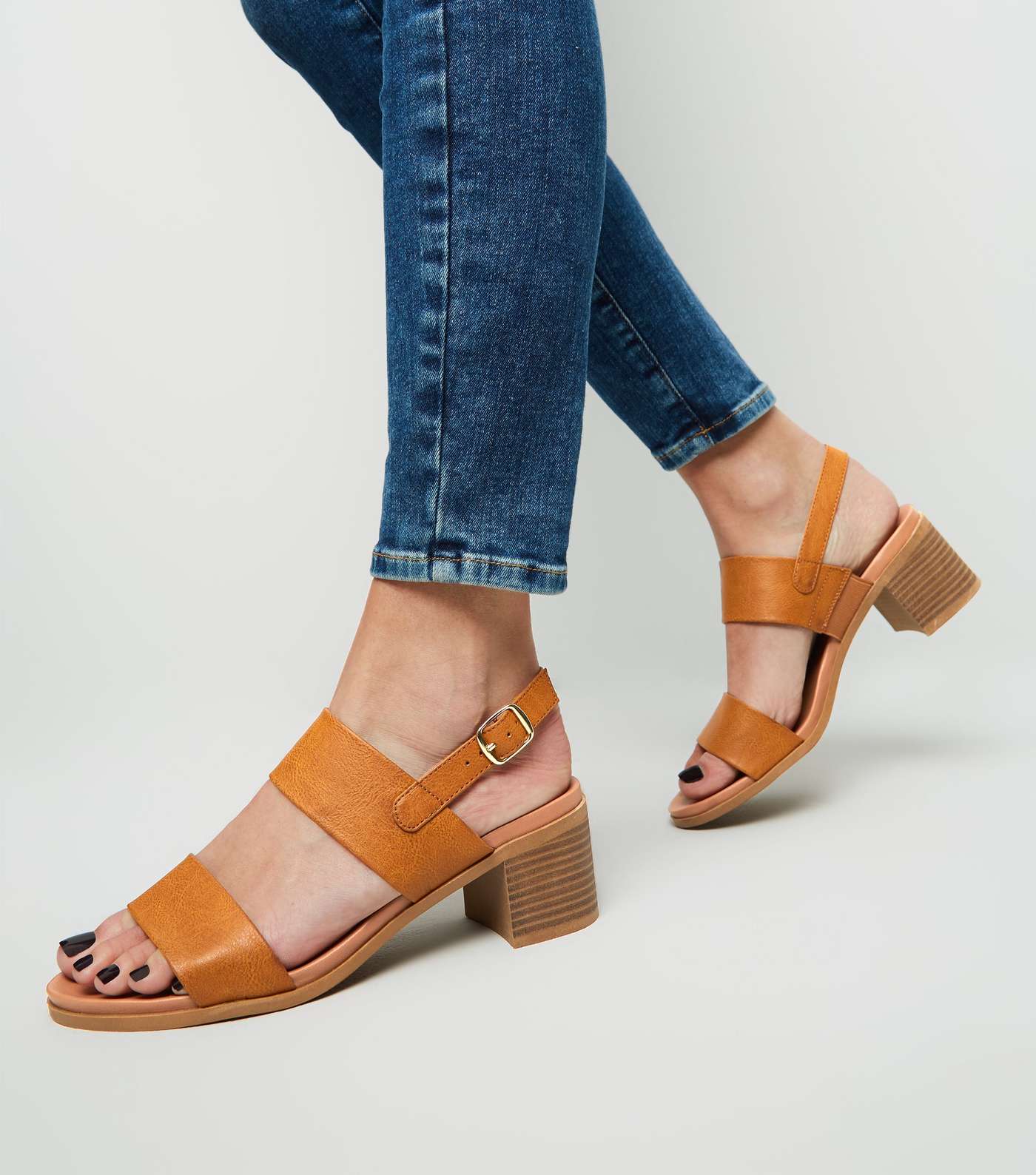 Tan Leather-Look Block Heel Footbed Sandals Image 2