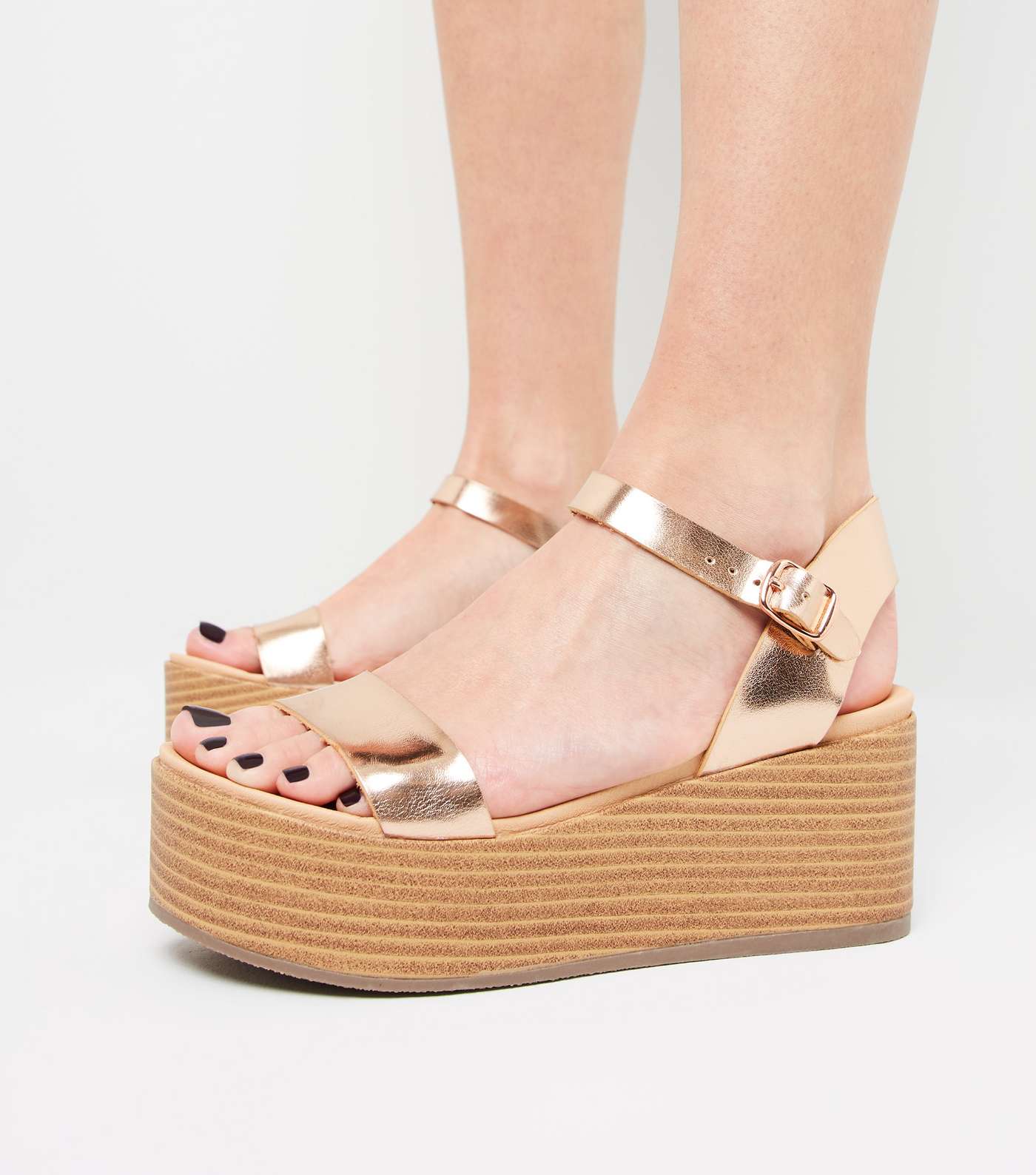 Rose Gold Leather-Look Flatform Footbed Sandals Image 2