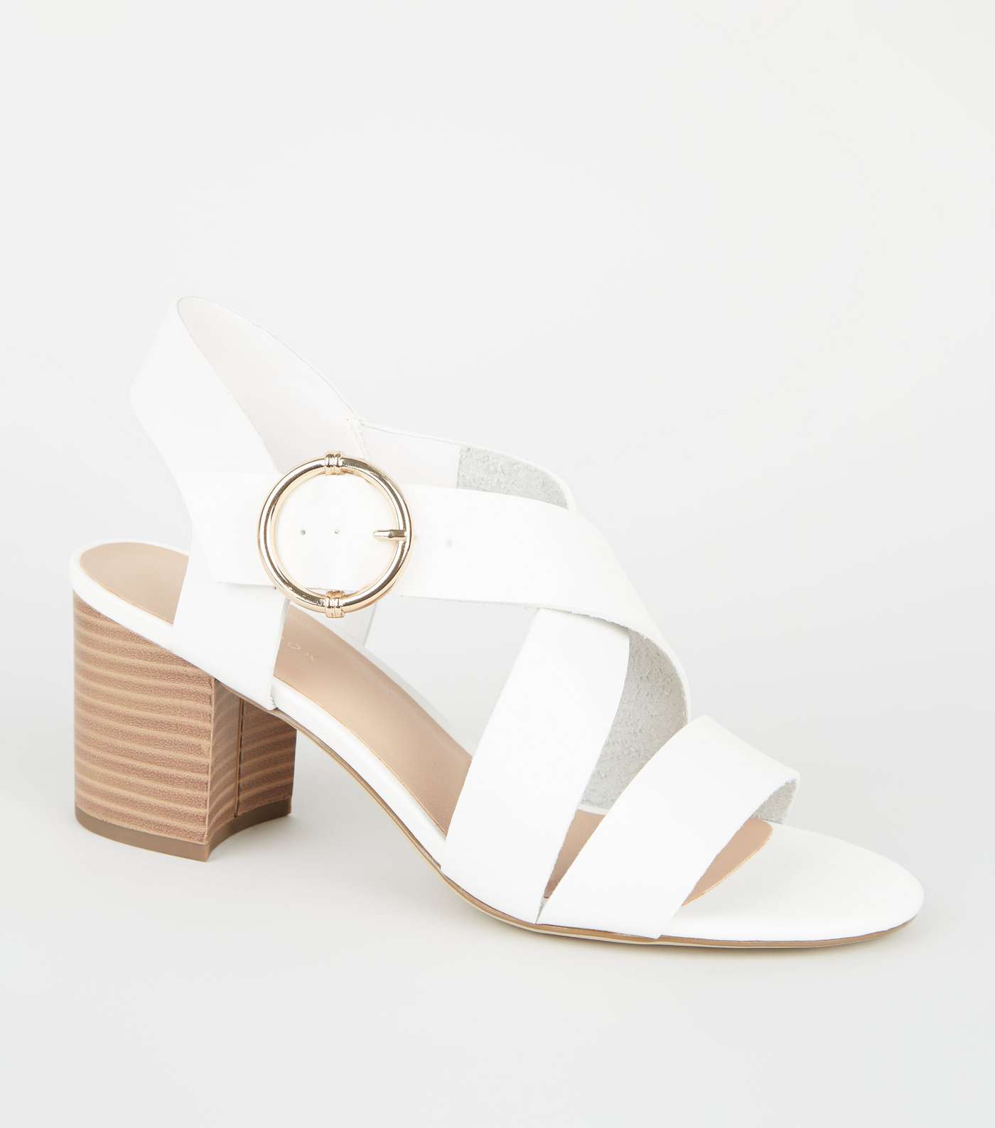 White Leather-Look Cross Strap Block Heels