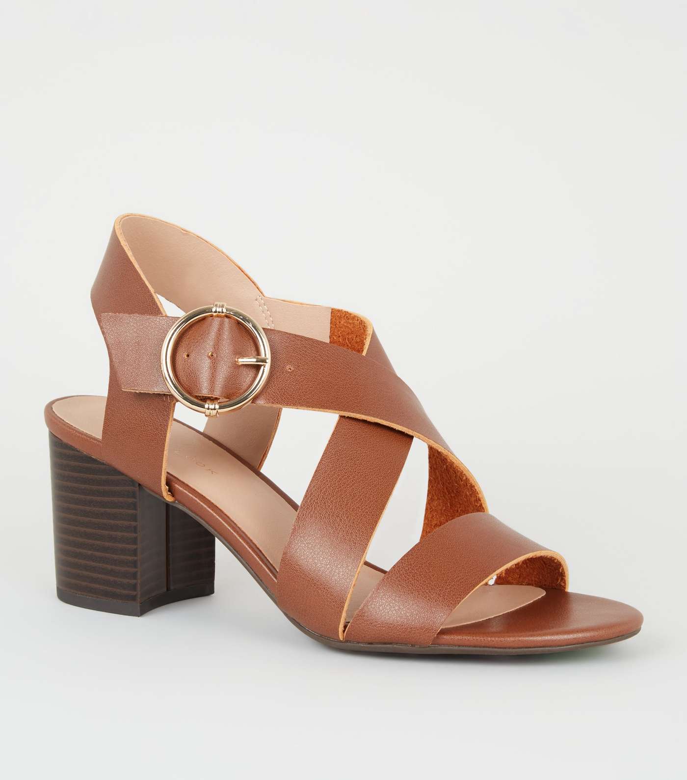Tan Leather-Look Cross Strap Block Heels 