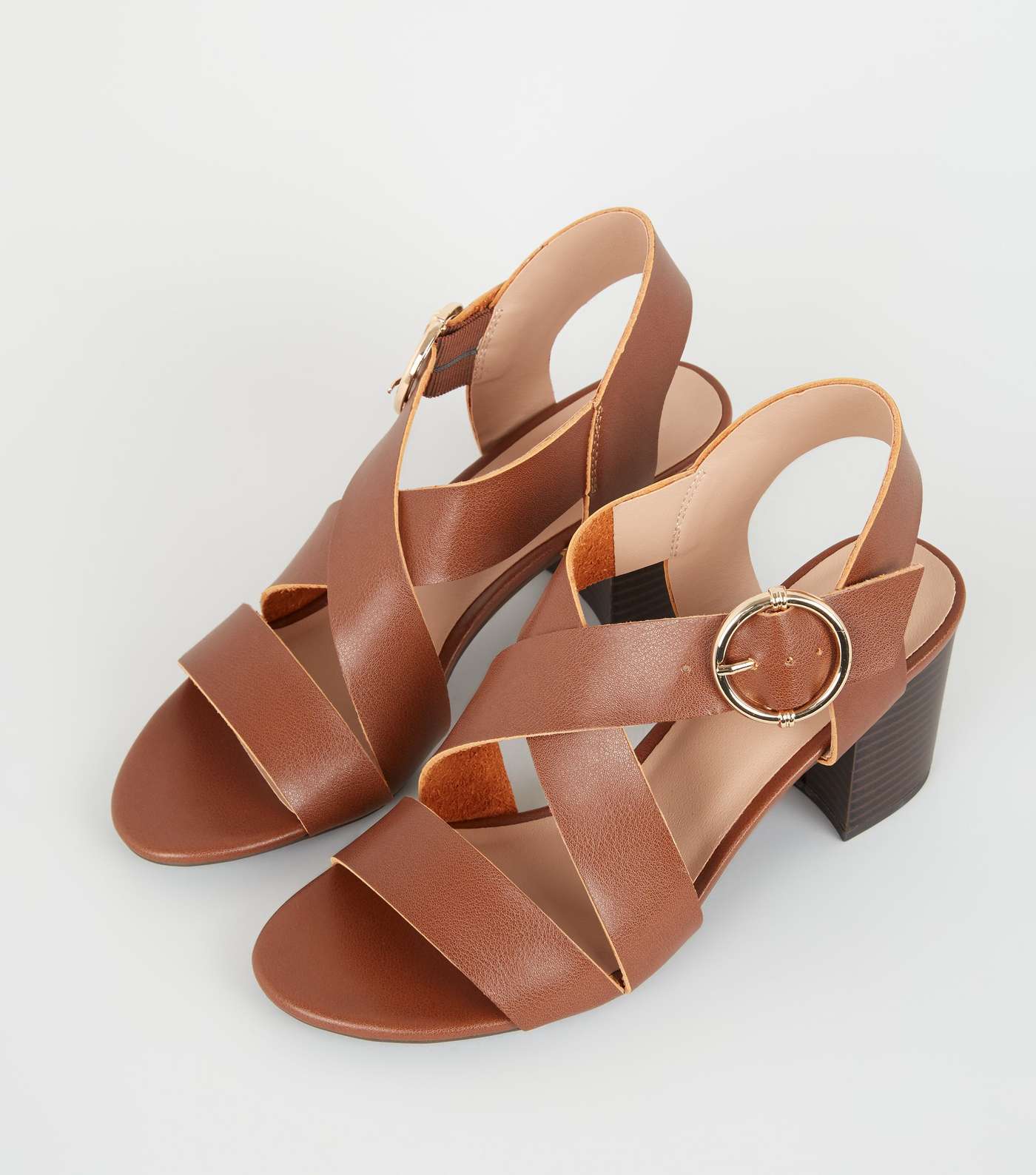 Tan Leather-Look Cross Strap Block Heels  Image 3