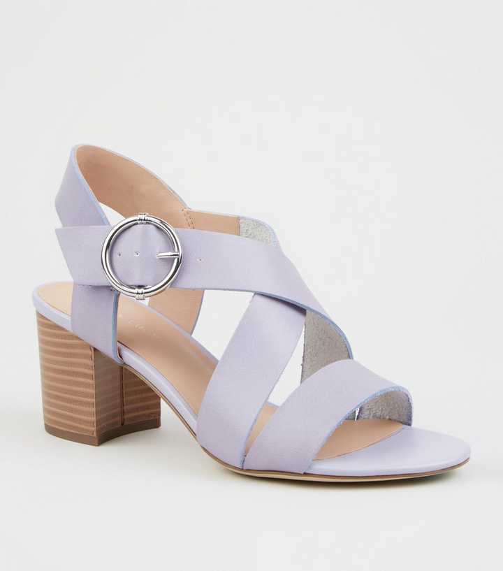 Lilac Leather-Look Cross Strap Block Heels 