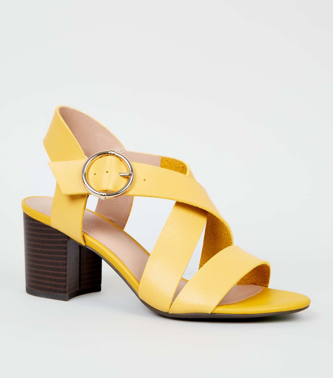 Yellow Leather-Look Cross Strap Block Heels 