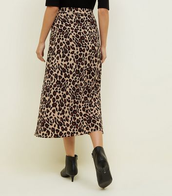 new look brown leopard print midi wrap skirt