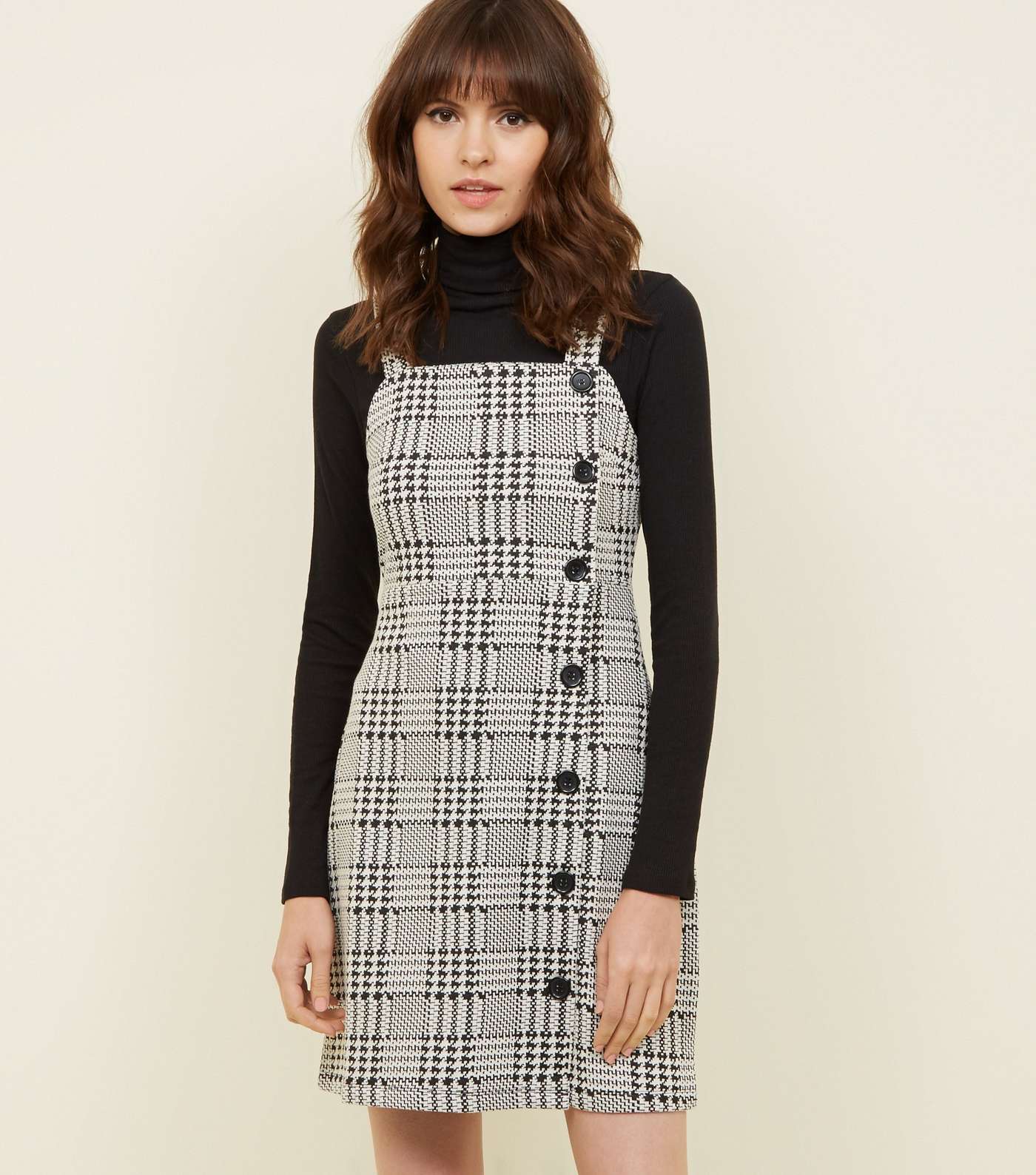 Black Houndstooth Button Side Pinafore Dress