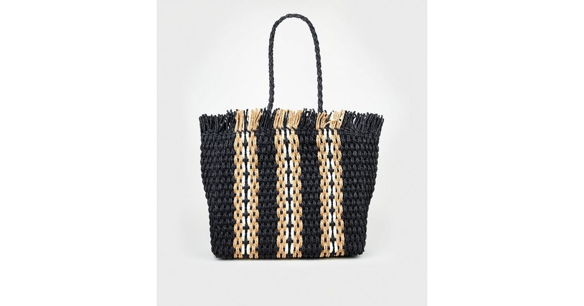 Black Stripe Woven Straw Effect Tote Bag New Look