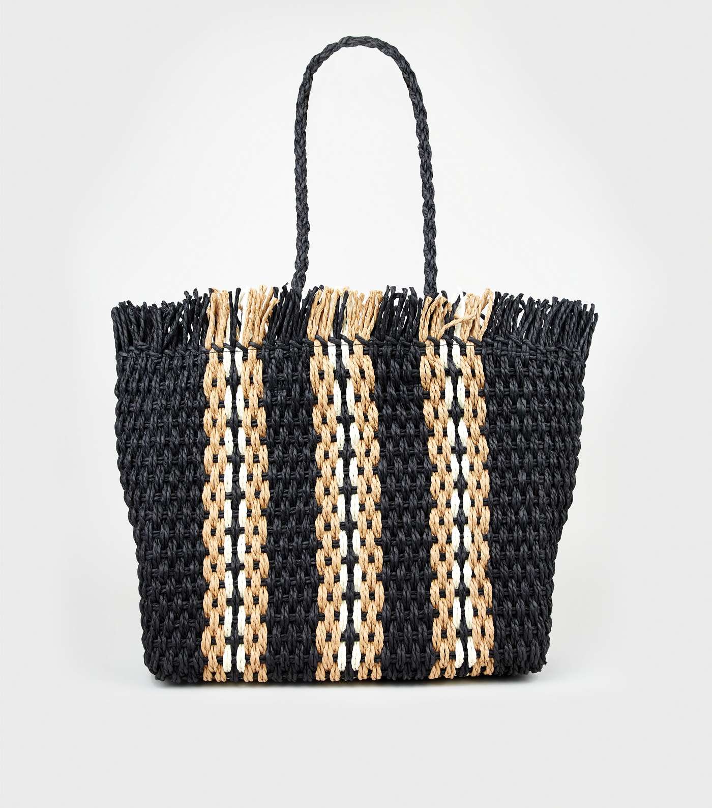 Black Stripe Woven Straw Effect Tote Bag
