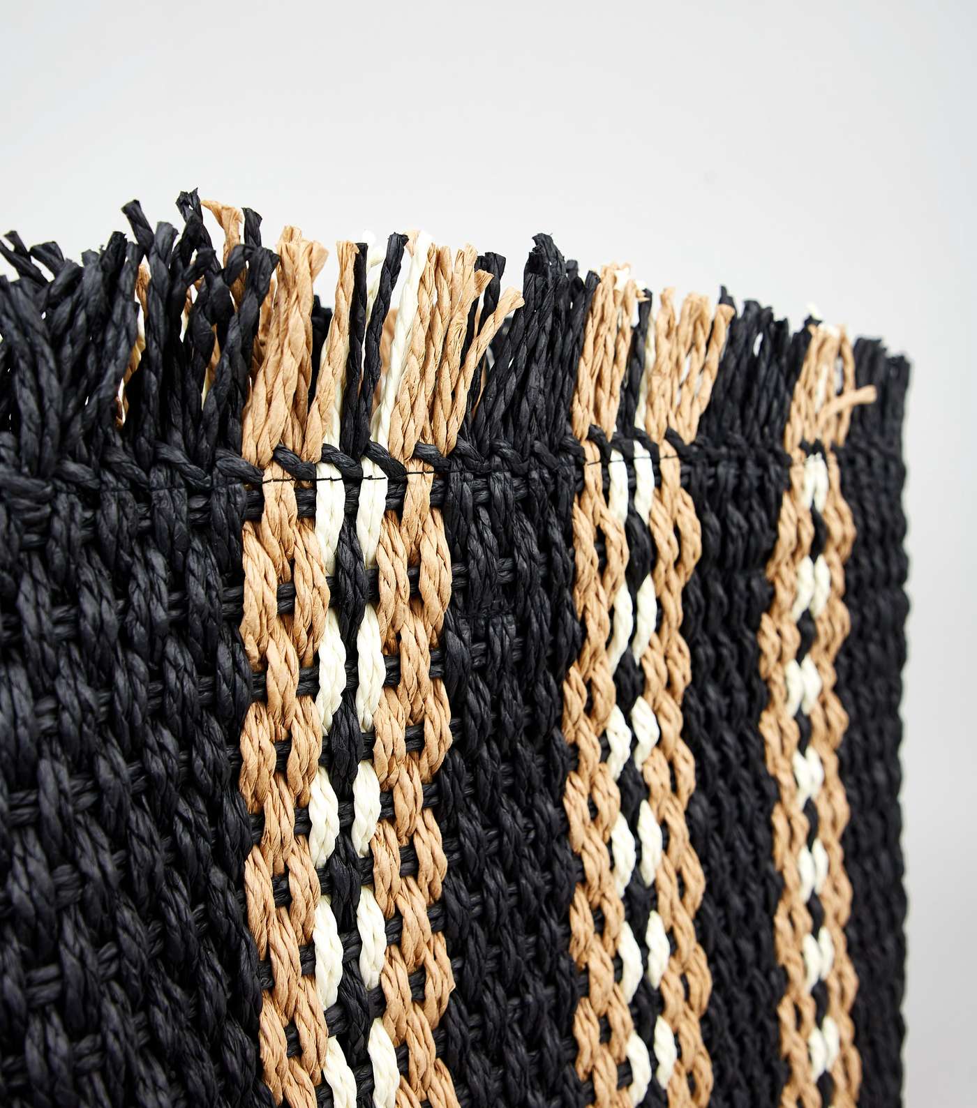 Black Stripe Woven Straw Effect Tote Bag Image 3