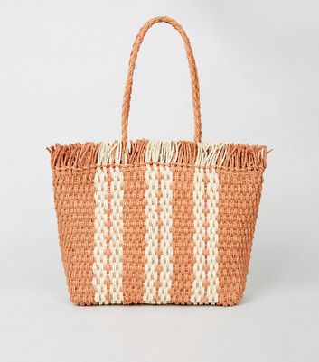 Bright Orange Stripe Woven Straw Effect Tote Bag | New Look