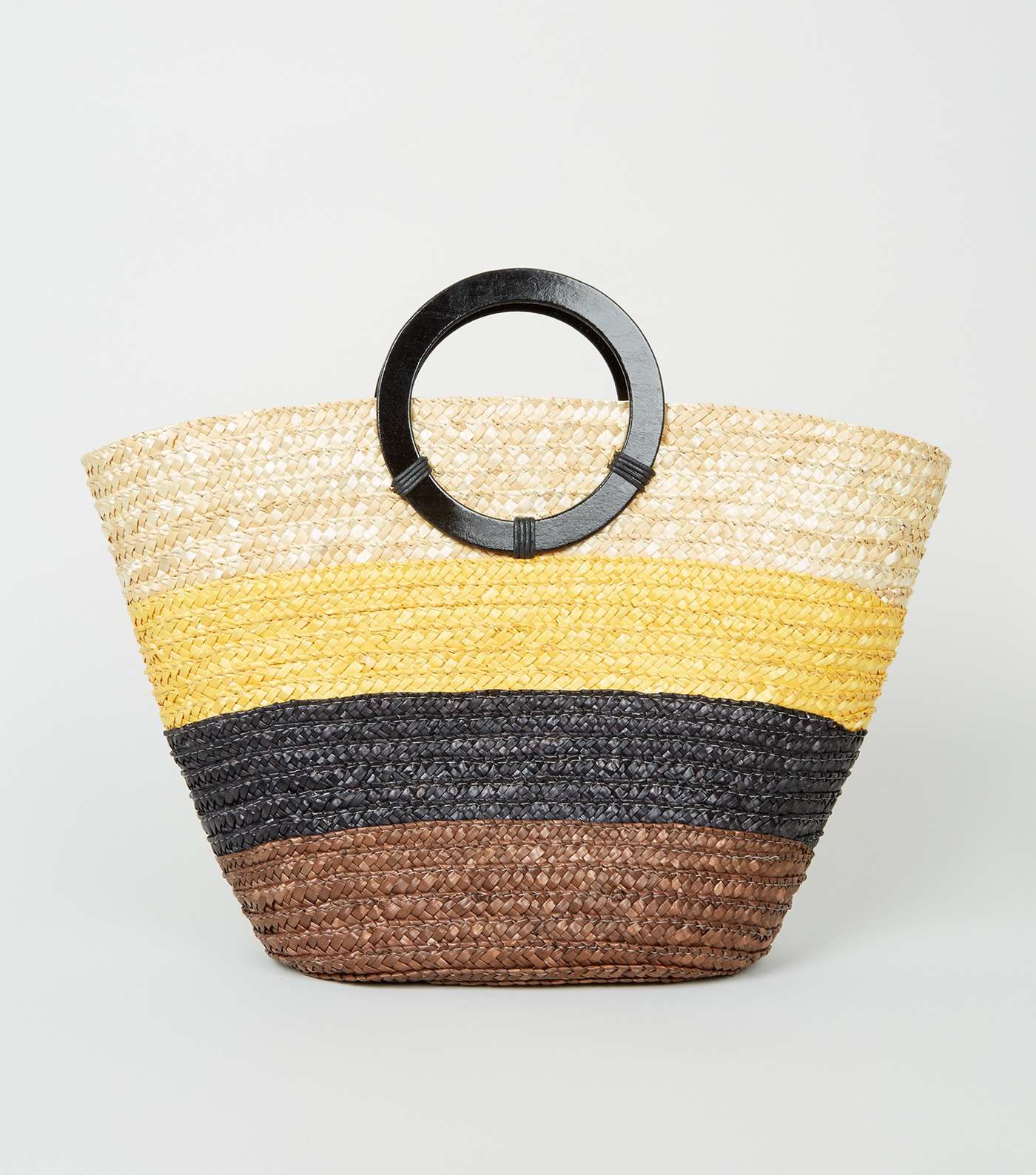 Brown Straw Stripe Woven Ring Handle Tote Bag