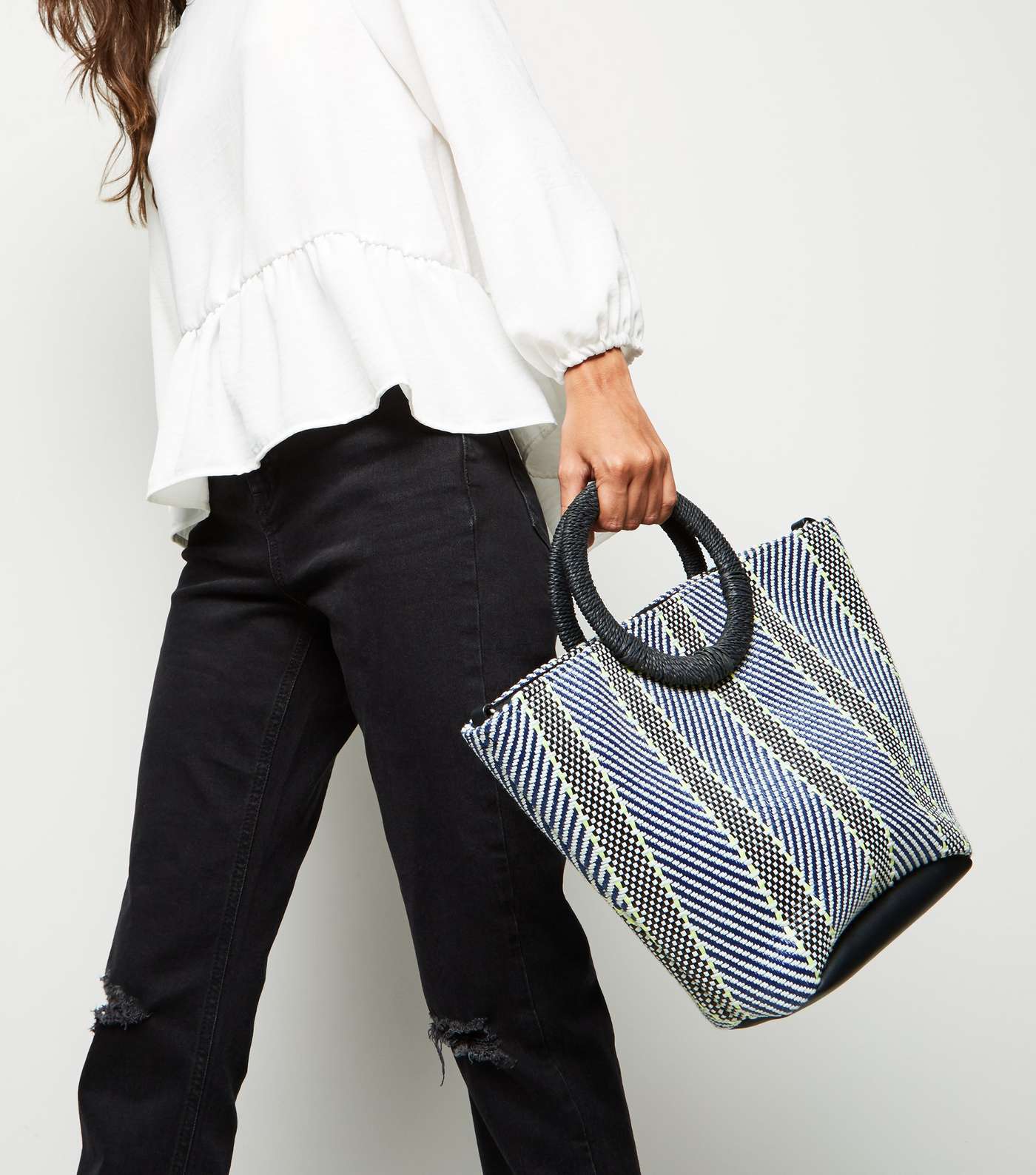 Blue Woven Stripe Ring Handle Tote Bag Image 2