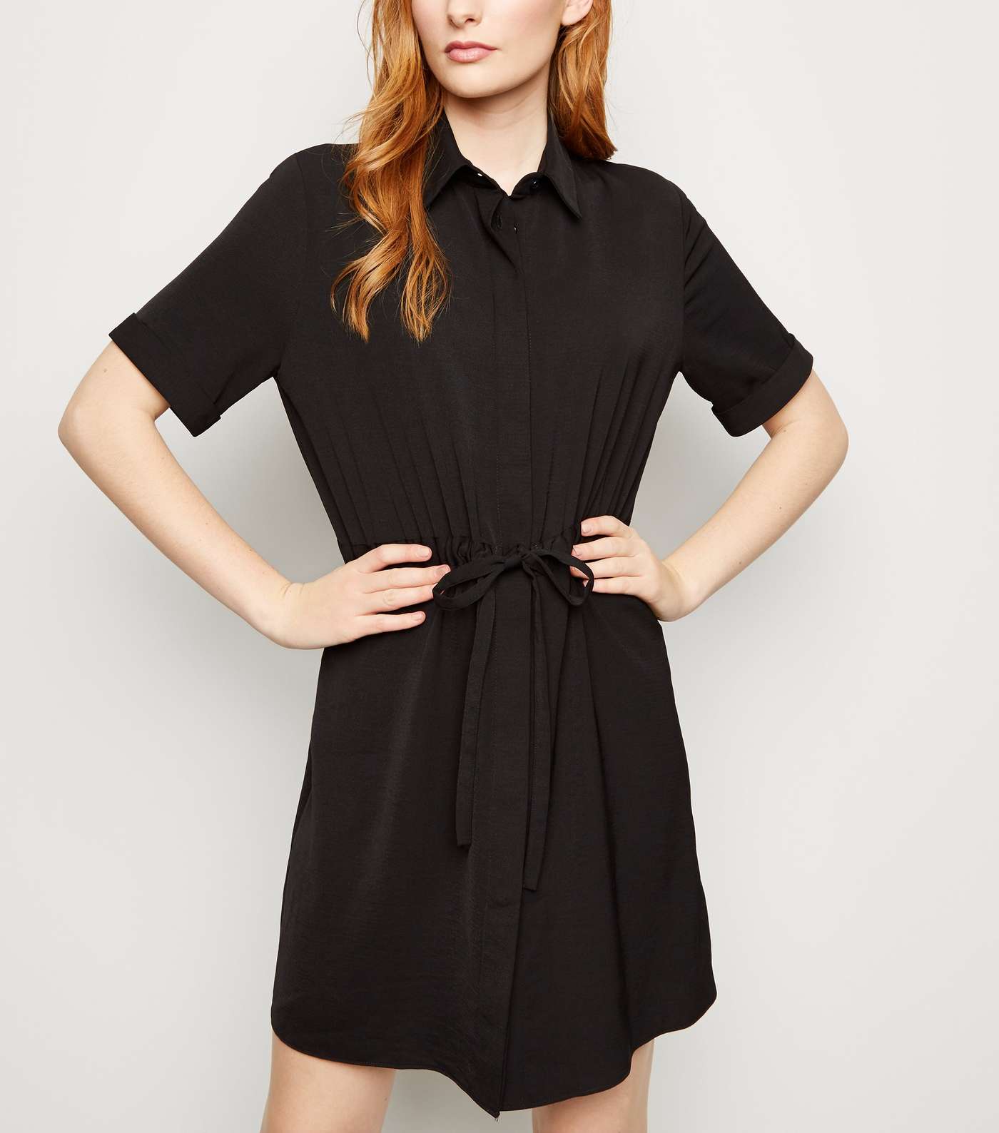Black Twill Drawstring Waist Shirt Dress