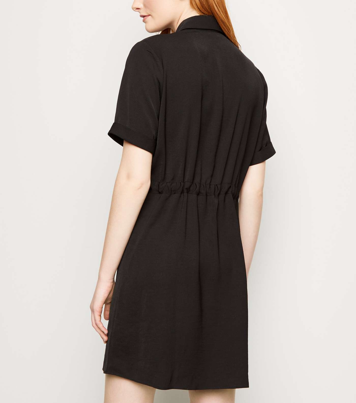 Black Twill Drawstring Waist Shirt Dress Image 3