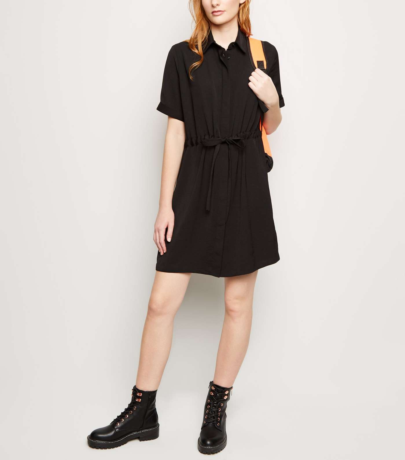 Black Twill Drawstring Waist Shirt Dress Image 5