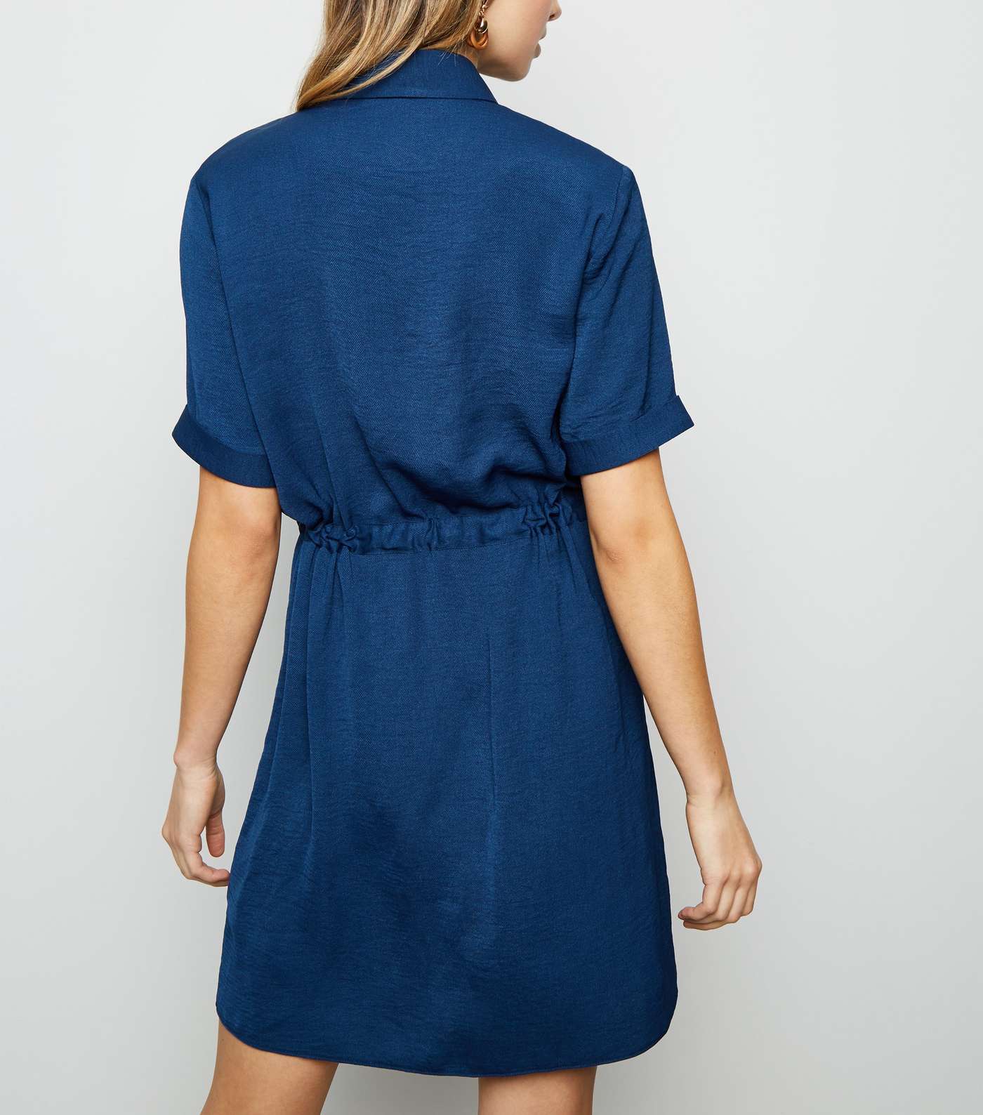 Blue Twill Drawstring Waist Shirt Dress Image 3