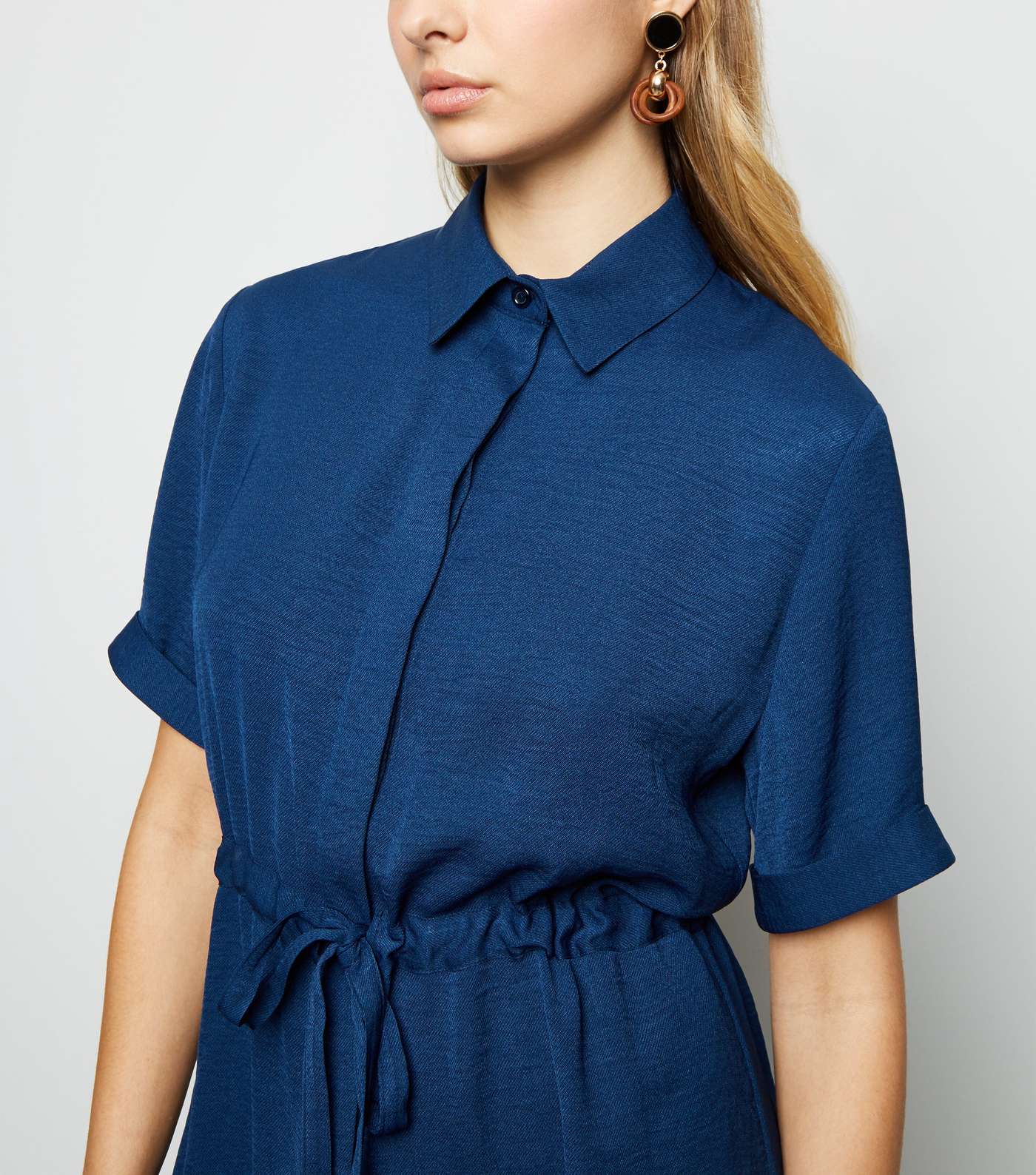 Blue Twill Drawstring Waist Shirt Dress Image 5