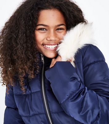 Girls Navy Longline Belted Puffer Jacket New Look