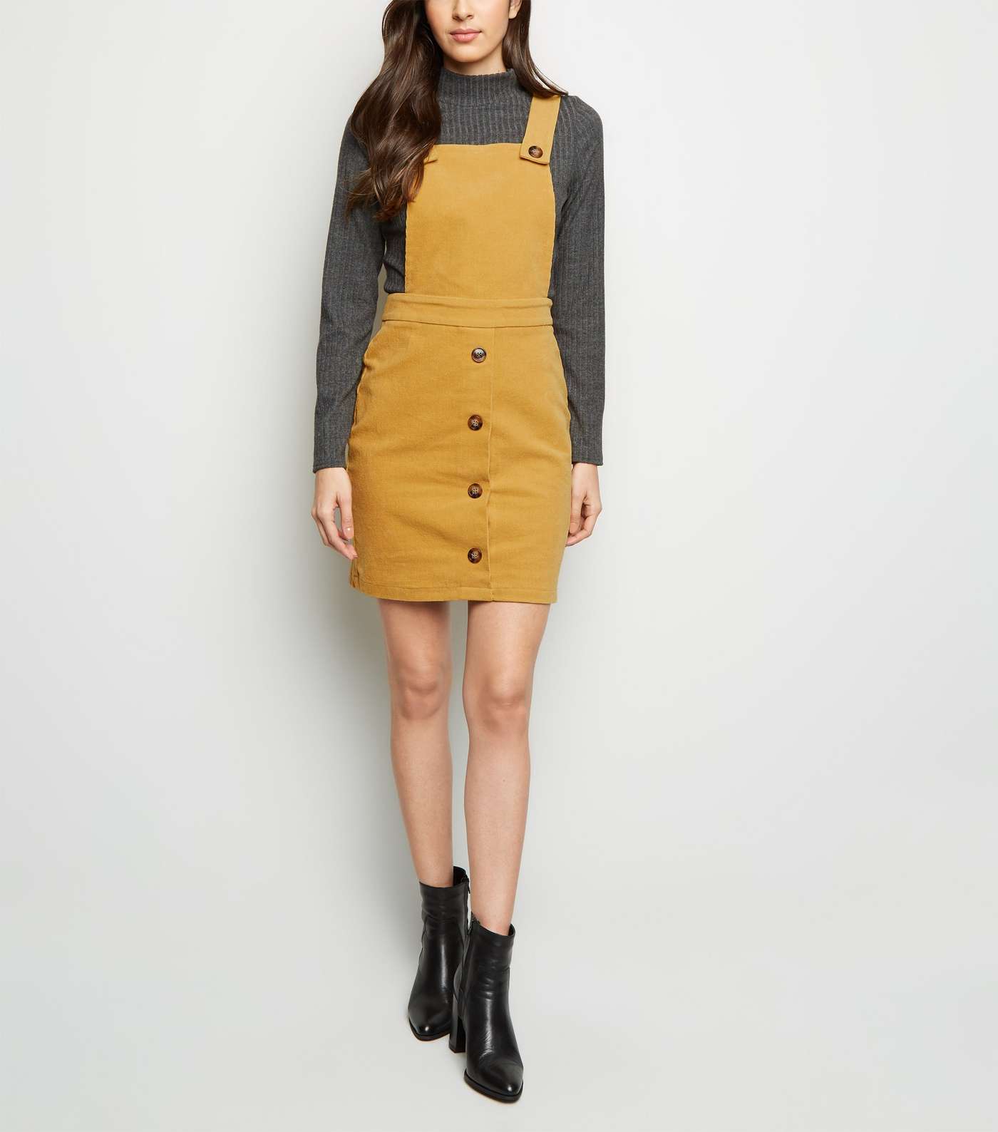 Mustard Corduroy Faux Horn Button Pinafore Dress Image 2