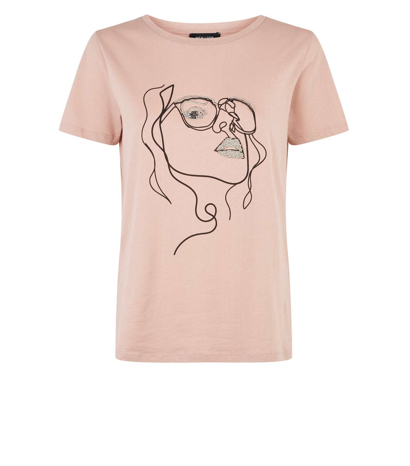 Pale Pink Line Drawn Beaded Face T-Shirt Image 4
