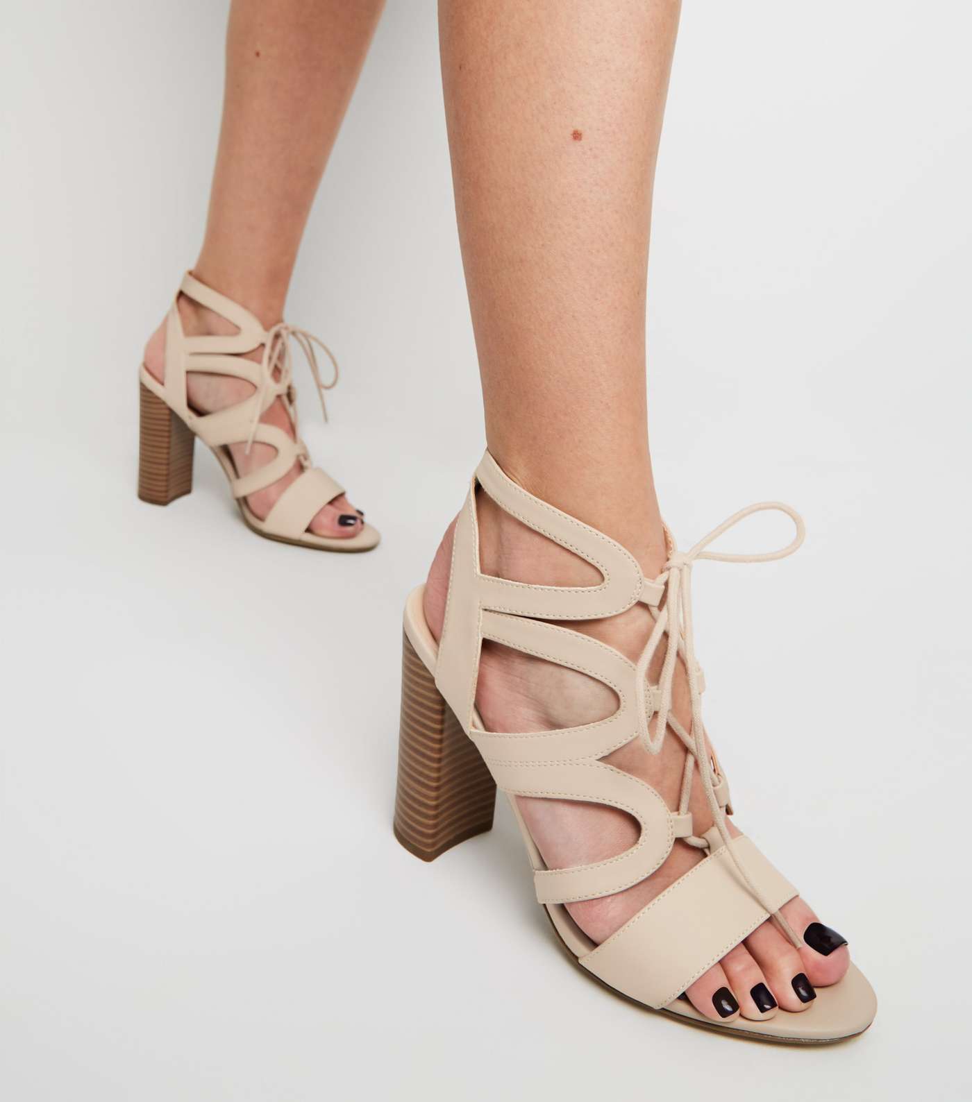Cream Leather-Look Lace Up Ghillie Block Heels Image 2