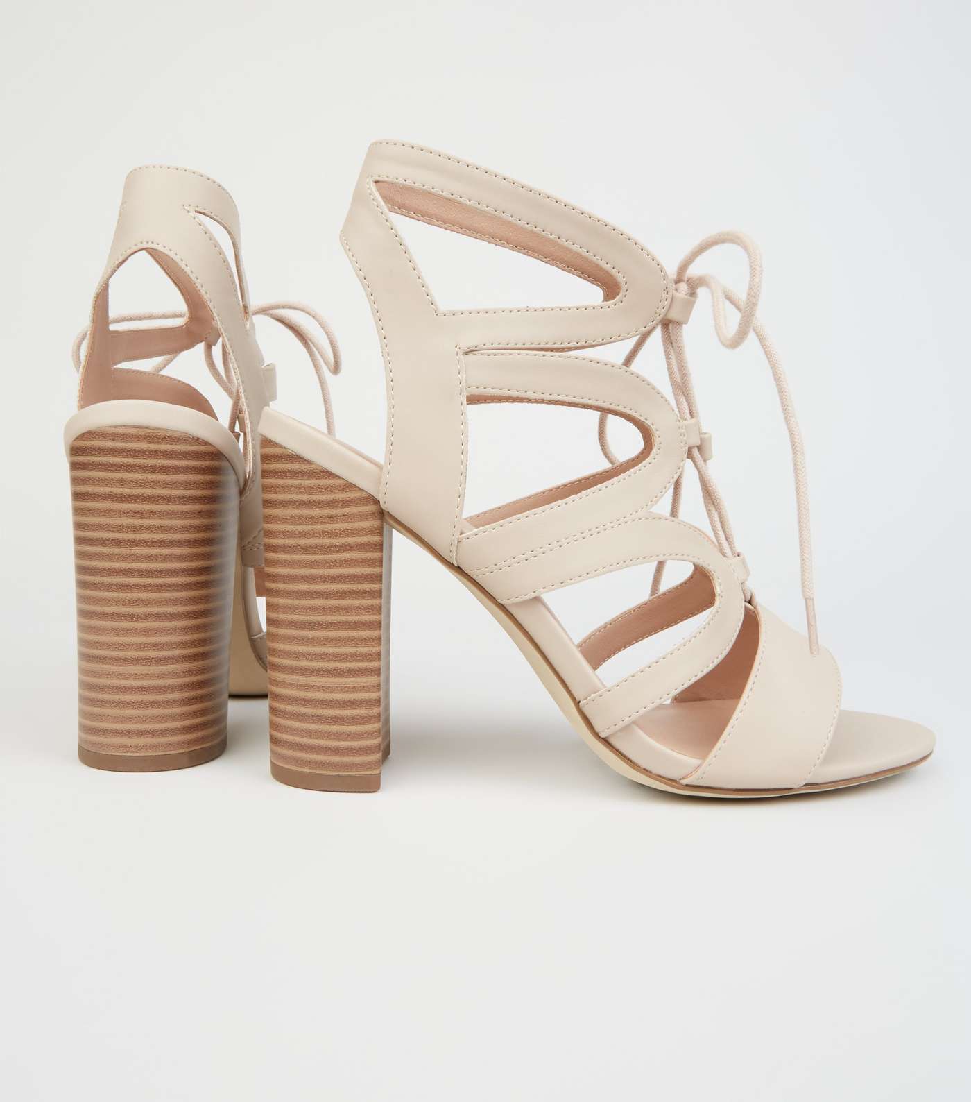 Cream Leather-Look Lace Up Ghillie Block Heels Image 4