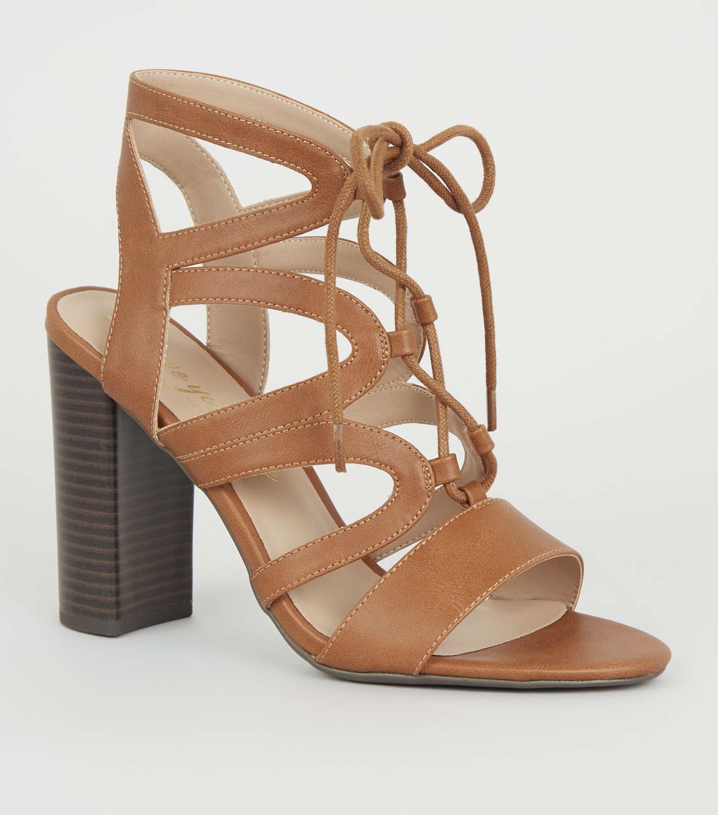 Tan Leather-Look Lace Up Ghillie Block Heels