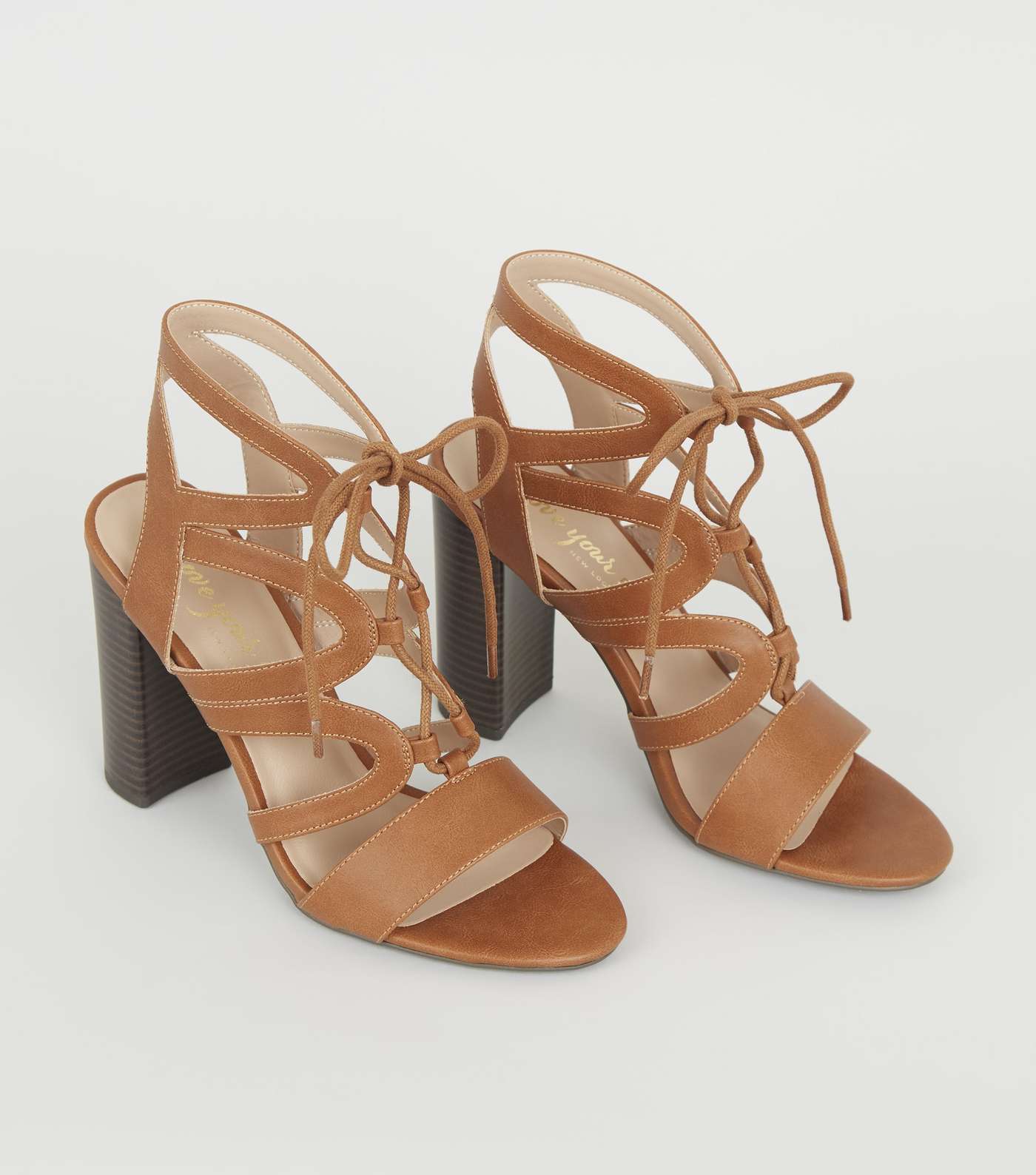 Tan Leather-Look Lace Up Ghillie Block Heels Image 3