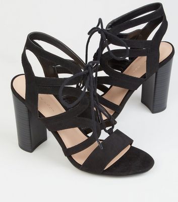 black suedette lace up ghillie block heels
