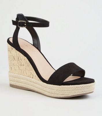 Black Suedette Espadrille Trim Cork Wedges New Look