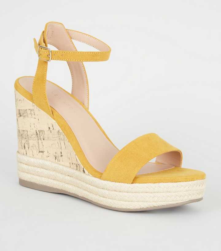 Mustard Suedette Espadrille Trim Cork Wedges