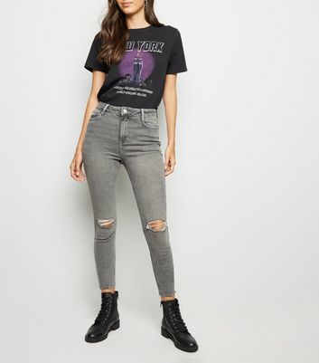 Grey Ripped High Waist Super Skinny Hallie Jeans | New Look