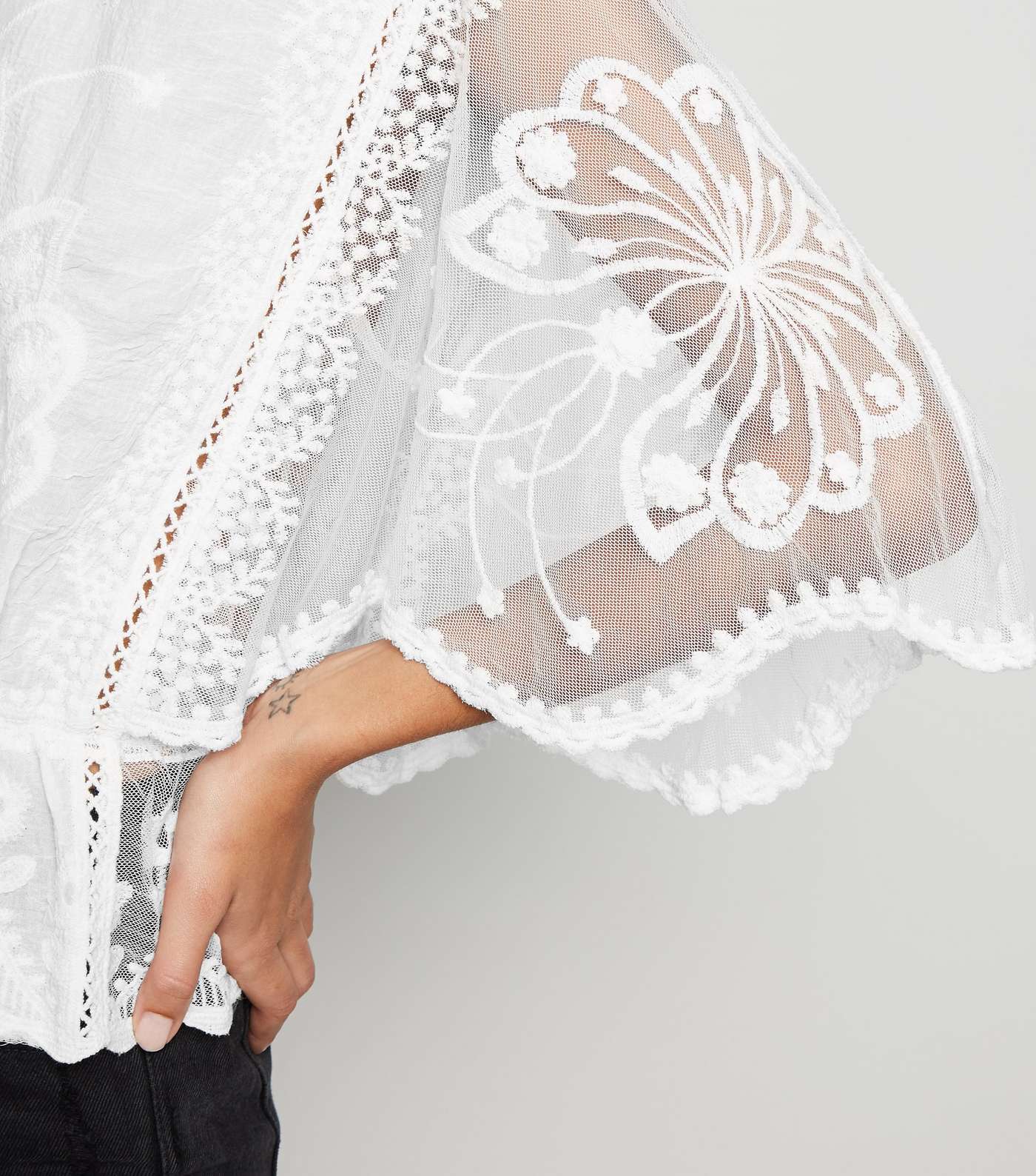 White Crochet Mesh Sleeve Peplum Blouse Image 5