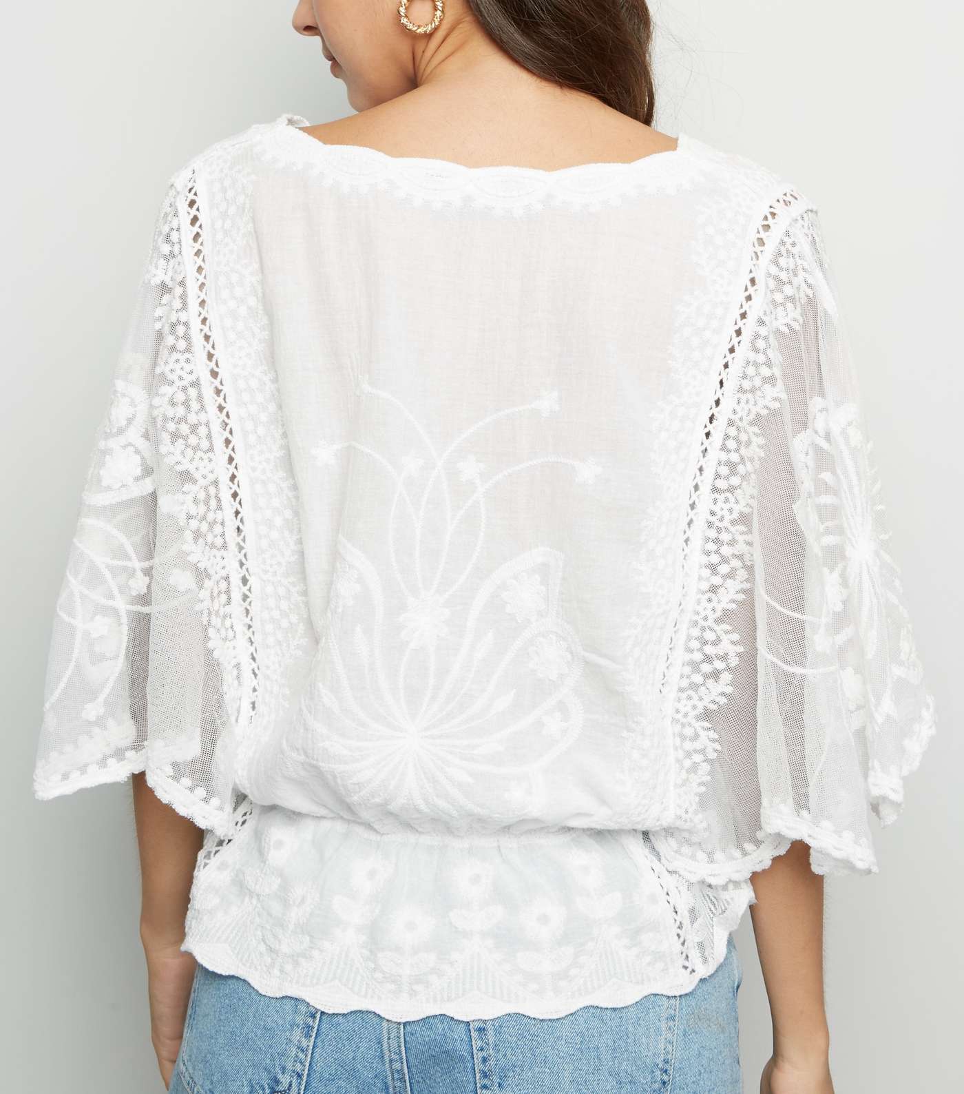 White Crochet Mesh Sleeve Peplum Blouse Image 6