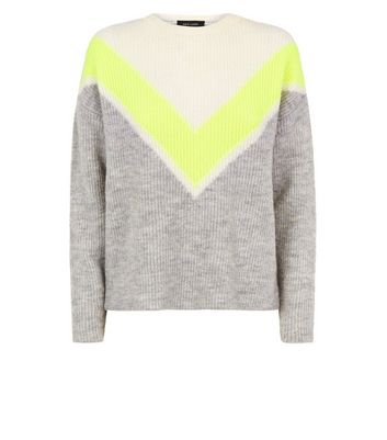 Grey Neon Chevron Colour Block Jumper New Look